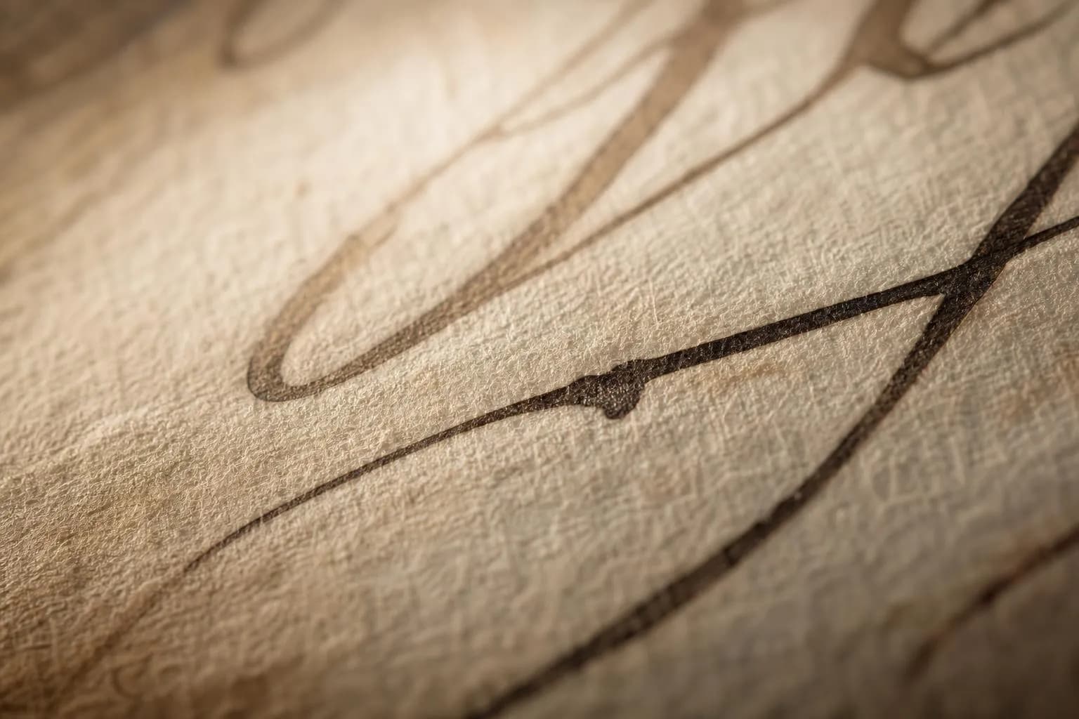 Close-up of aged parchment with fine handwritten text, shallow focus on inked words