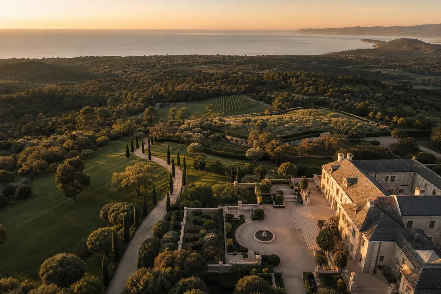 Aerial view of an elegant private estate with organized gardens and a distant coastline at dusk.