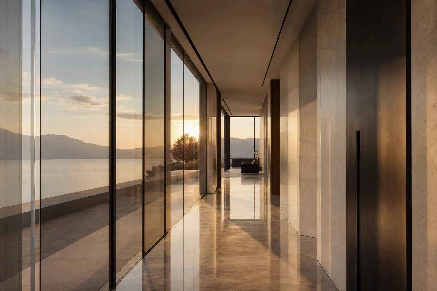 Minimalist modernist corridor with clean geometry and soft natural light.