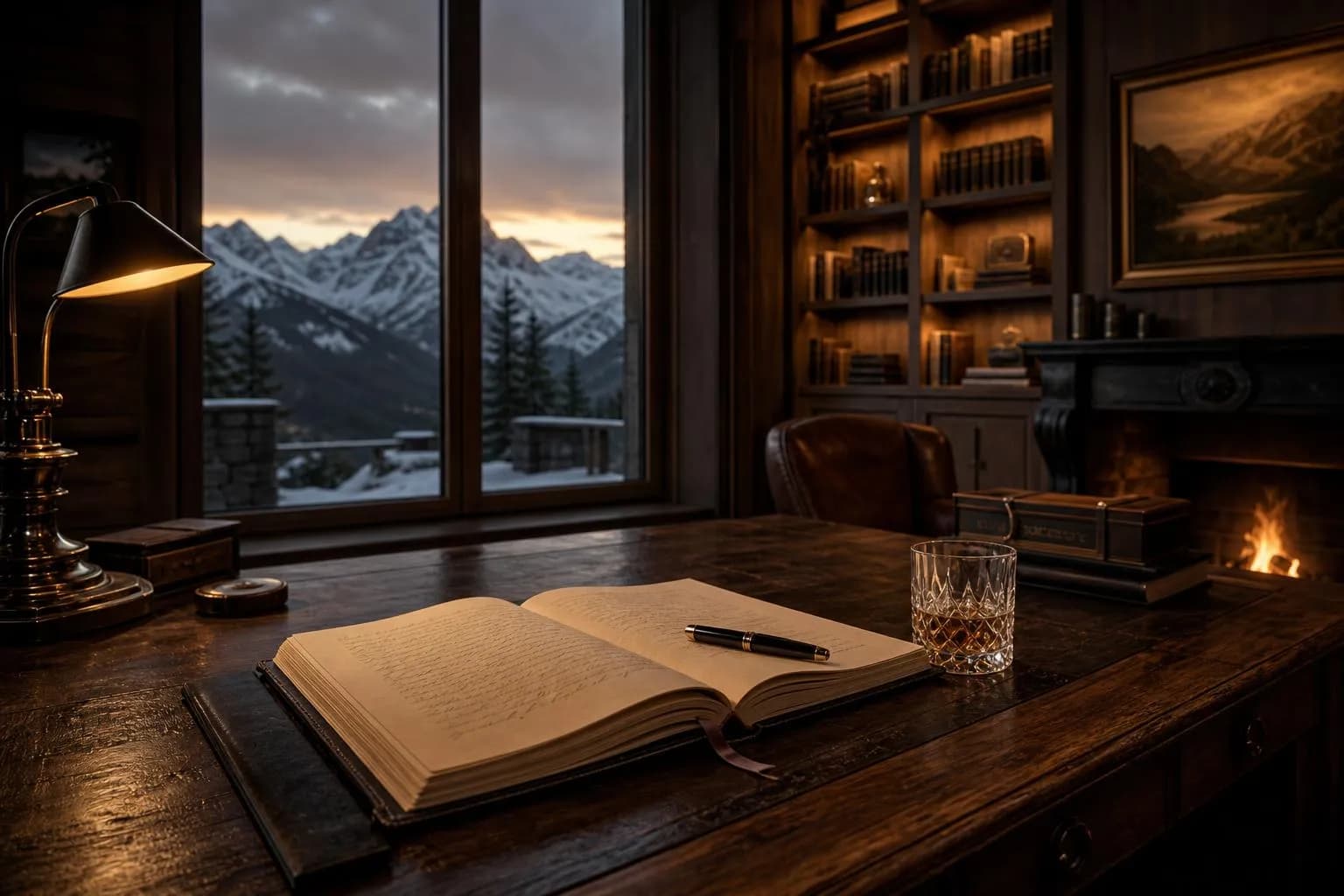 Alpine lodge library at dusk with desk, journal, and mountain views framed by windows.