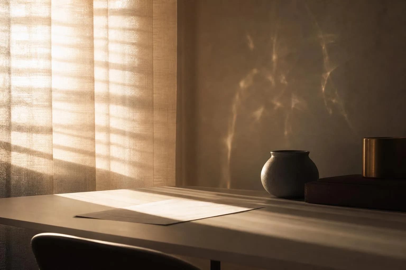 Sunlight through sheer curtains casting soft shadows on a minimal surface