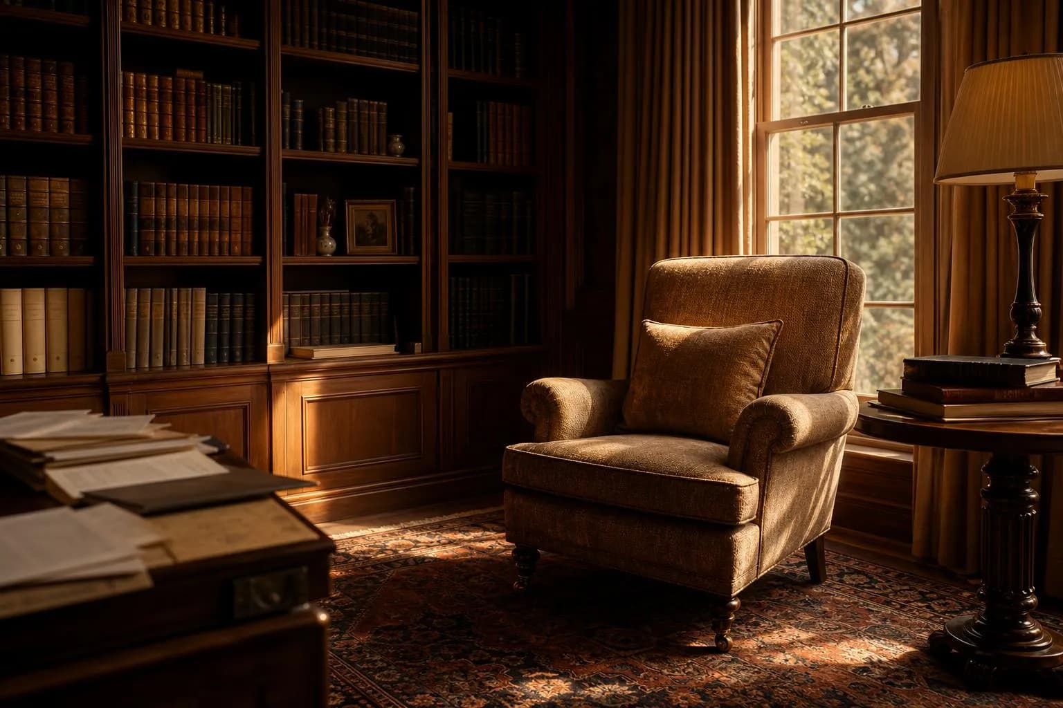 Sunlit private library with leather armchair and shelved books, afternoon light casting shadows on worn Persian rug.