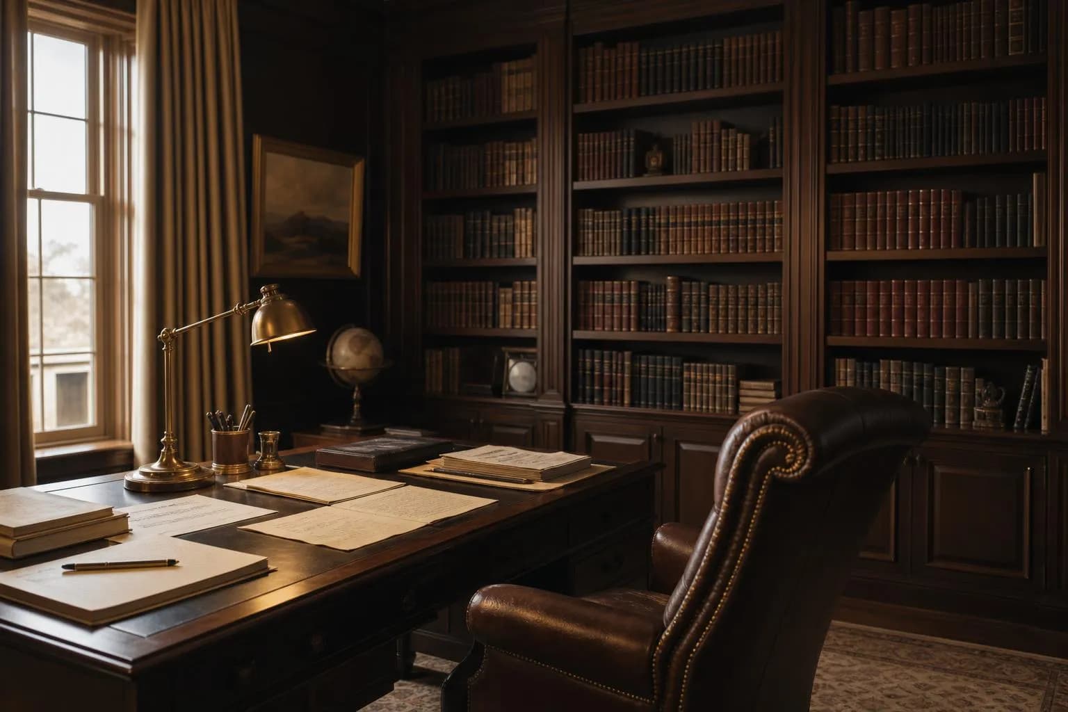 Candlelit private library with leather-bound books and an open desk, conveying thoughtful investment research.