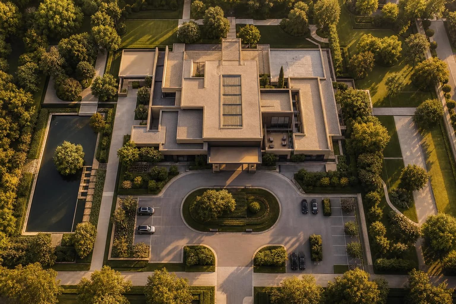 Aerial view of an exclusive private medical facility surrounded by manicured grounds and tree-lined pathways.