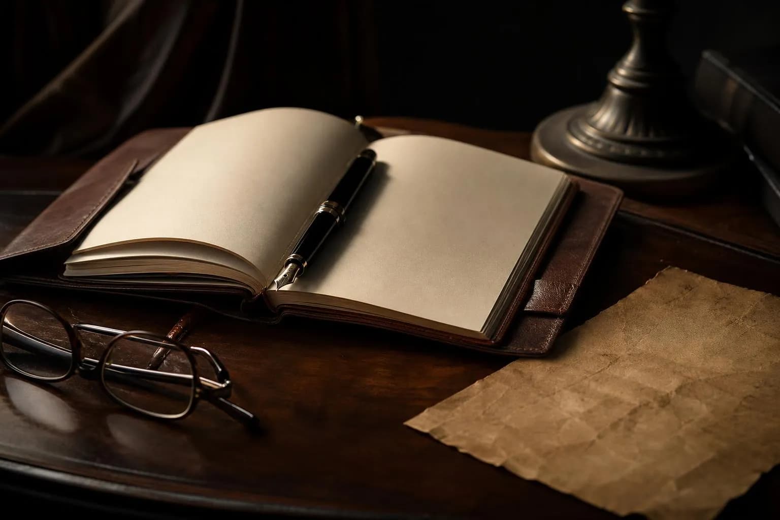 Intimate still life of journal, pen, glasses, and aged document on wooden surface, warm light, contemplative mood.