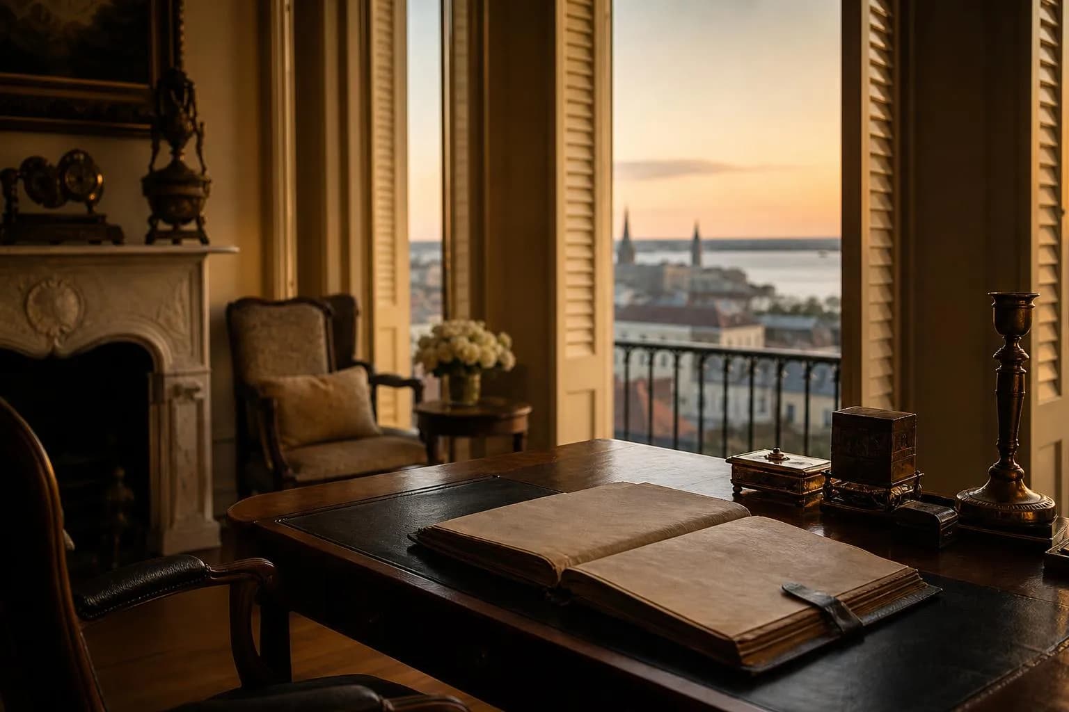 Historic New Orleans interior with river view, evoking civil law heritage and family inheritance.