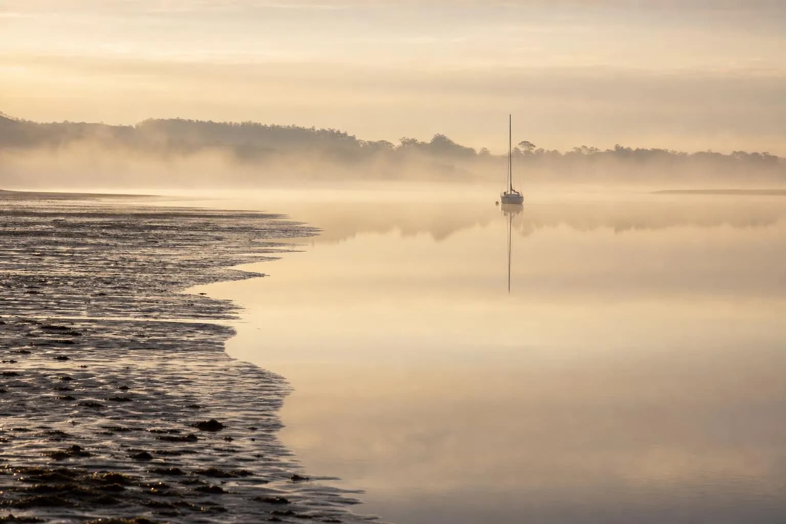 Misty estuary at dawn with a single sailboat anchored in calm water, shoreline fading into pale light.