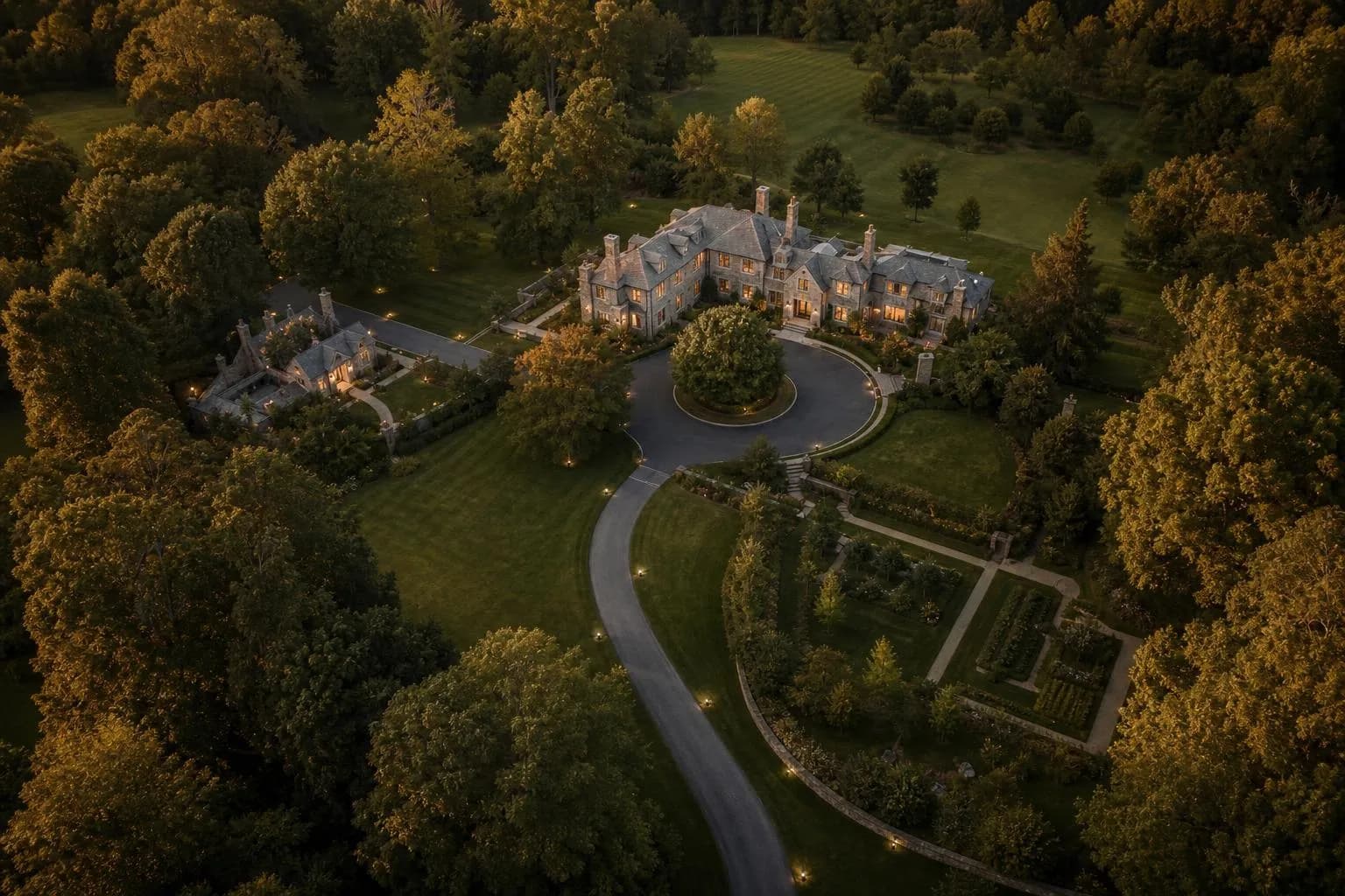 Aerial view of a manicured private estate at dusk, with winding drive and mature trees.