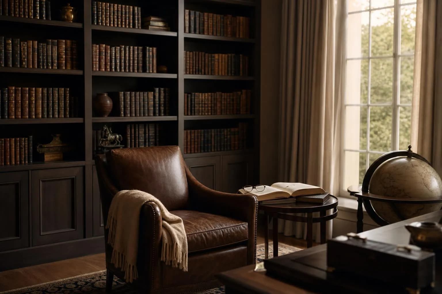 Sunlit private library with leather-bound books, reading chair, and open volume on side table.