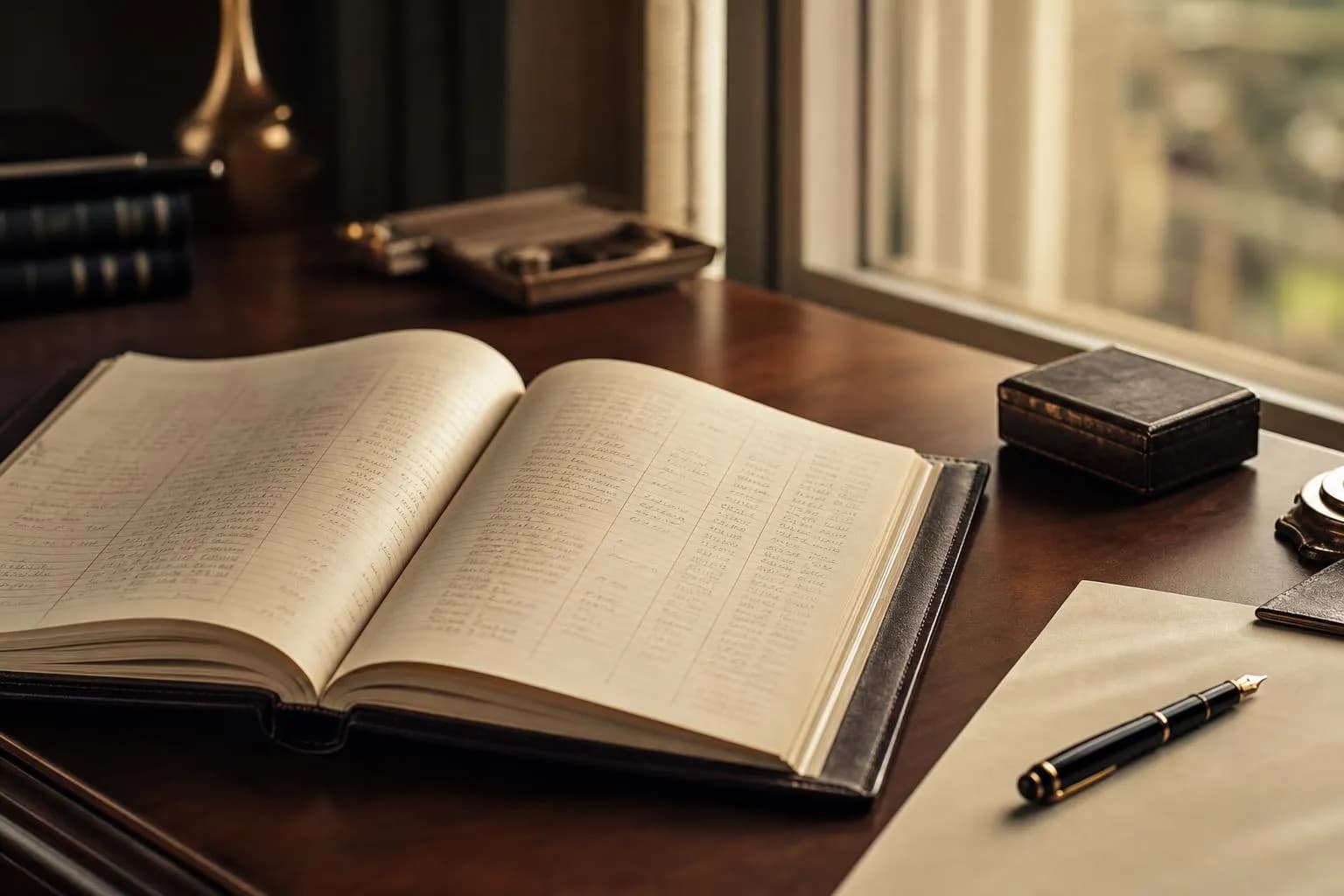 Open leather ledger with fountain pen on mahogany desk, warm natural light, detailed financial records visible.