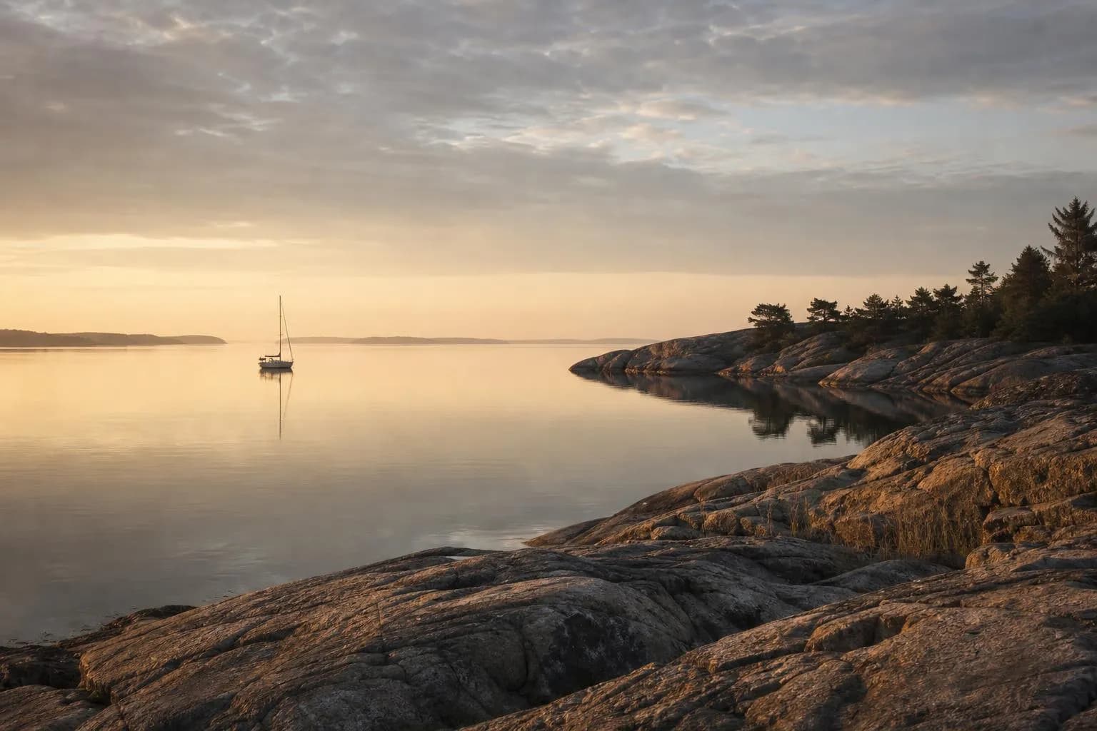 Calm coastal waters at dawn with a distant anchored sailboat and quiet rocky shore
