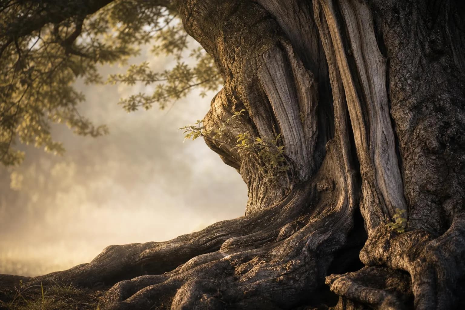 Close-up of ancient oak bark and roots with morning mist, new growth emerging from weathered wood