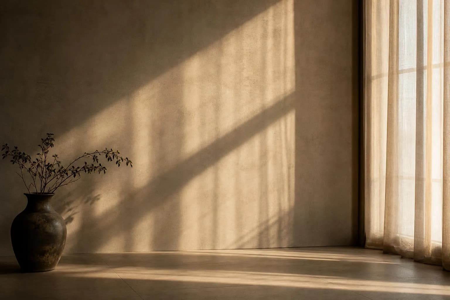 Sunlight through sheer curtains casting soft shadows on a textured wall, suggesting hidden complexity and shifting values