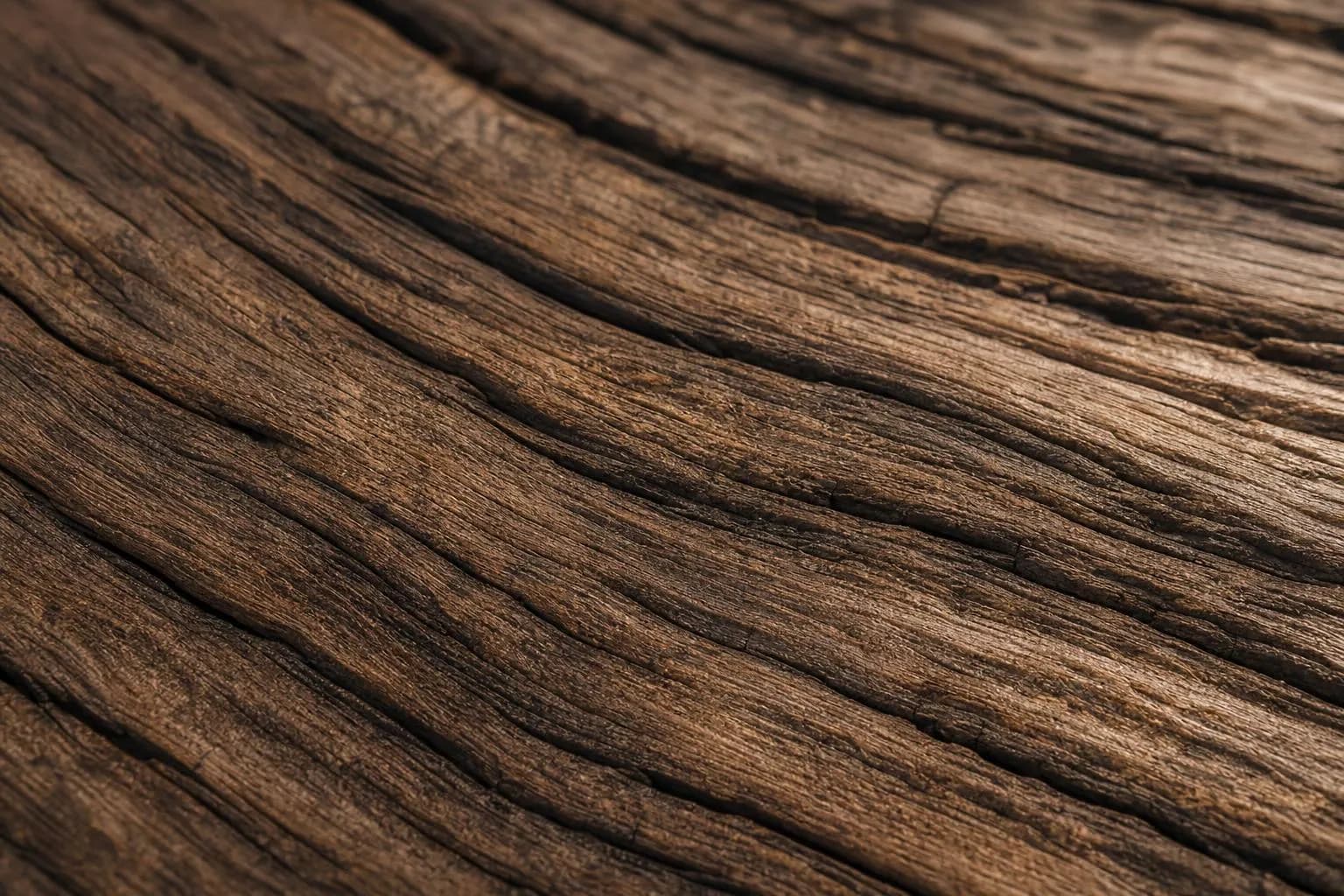Close-up of aged oak wood grain with warm raking light, revealing deep texture and layered patina.