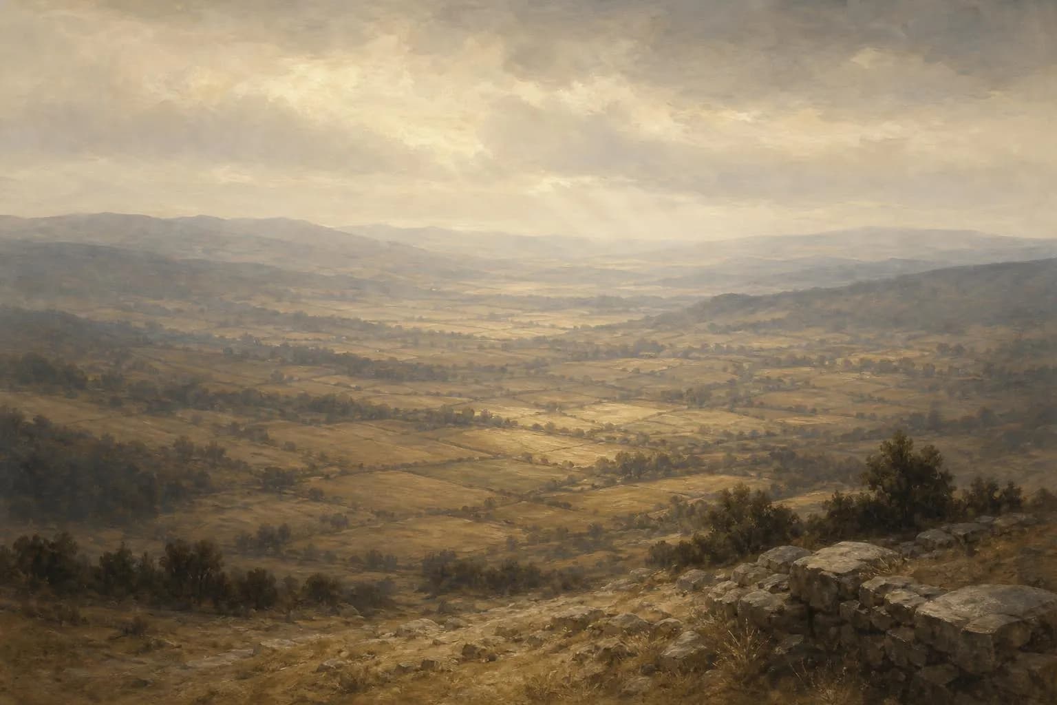 Soft, layered landscape under muted light, suggesting vast acreage and quiet assessment.