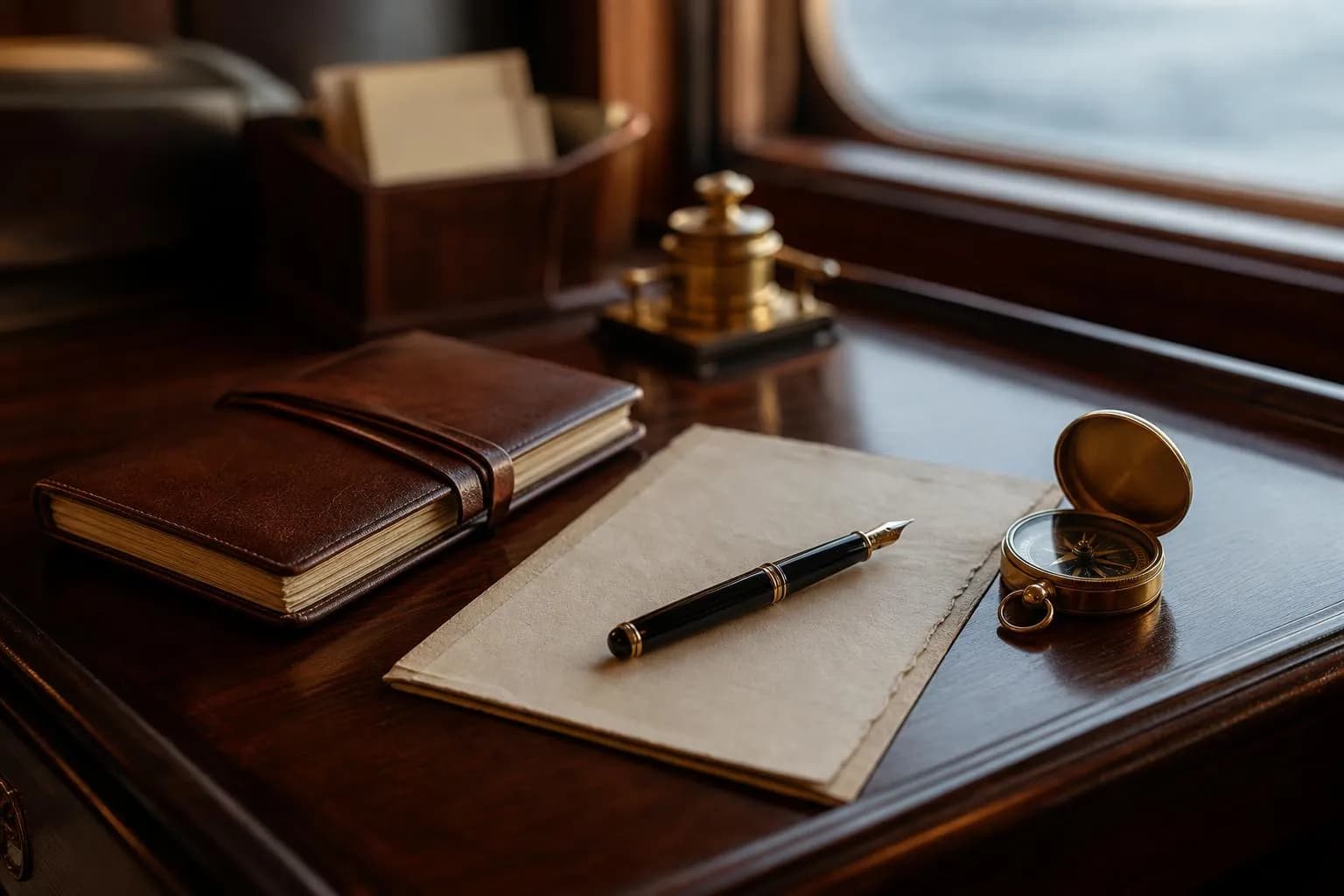 Refined desktop objects including compass, fountain pen, and notebook in natural light