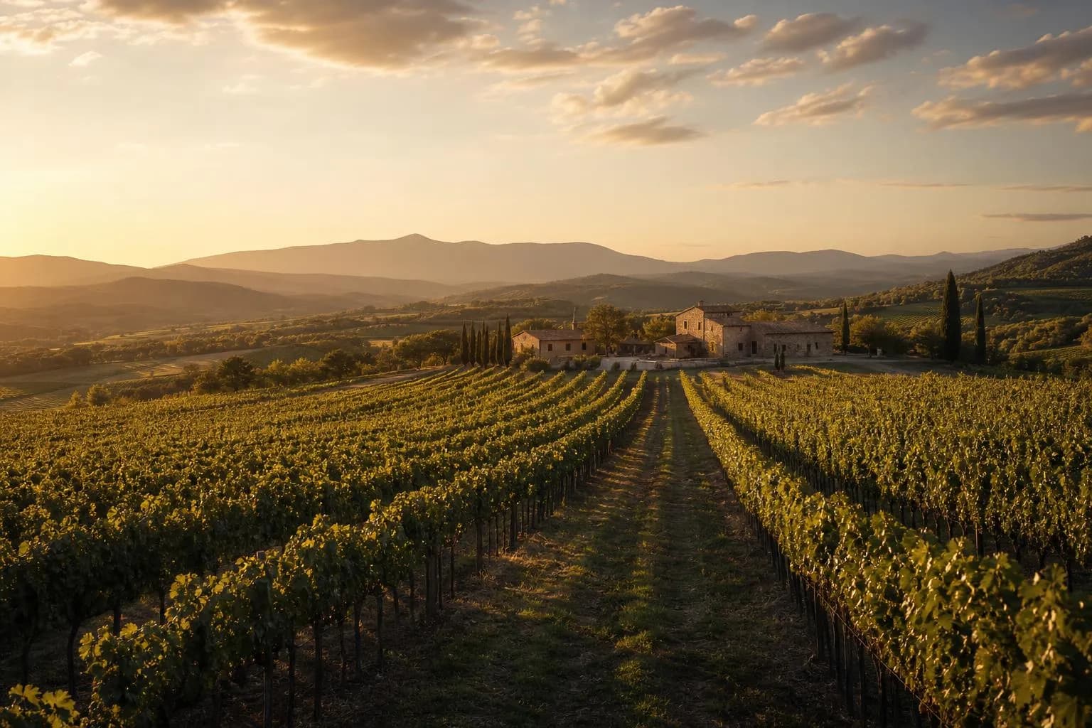 Golden-hour vineyard with mature rows stretching to the horizon and a distant estate building.