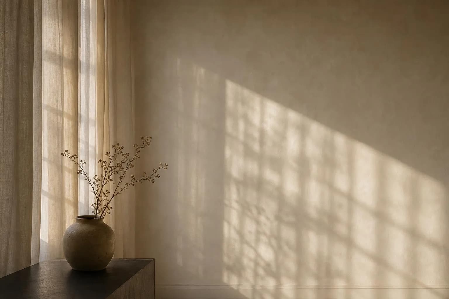 Soft daylight filtering through sheer curtains casts layered shadows on a pale wall.