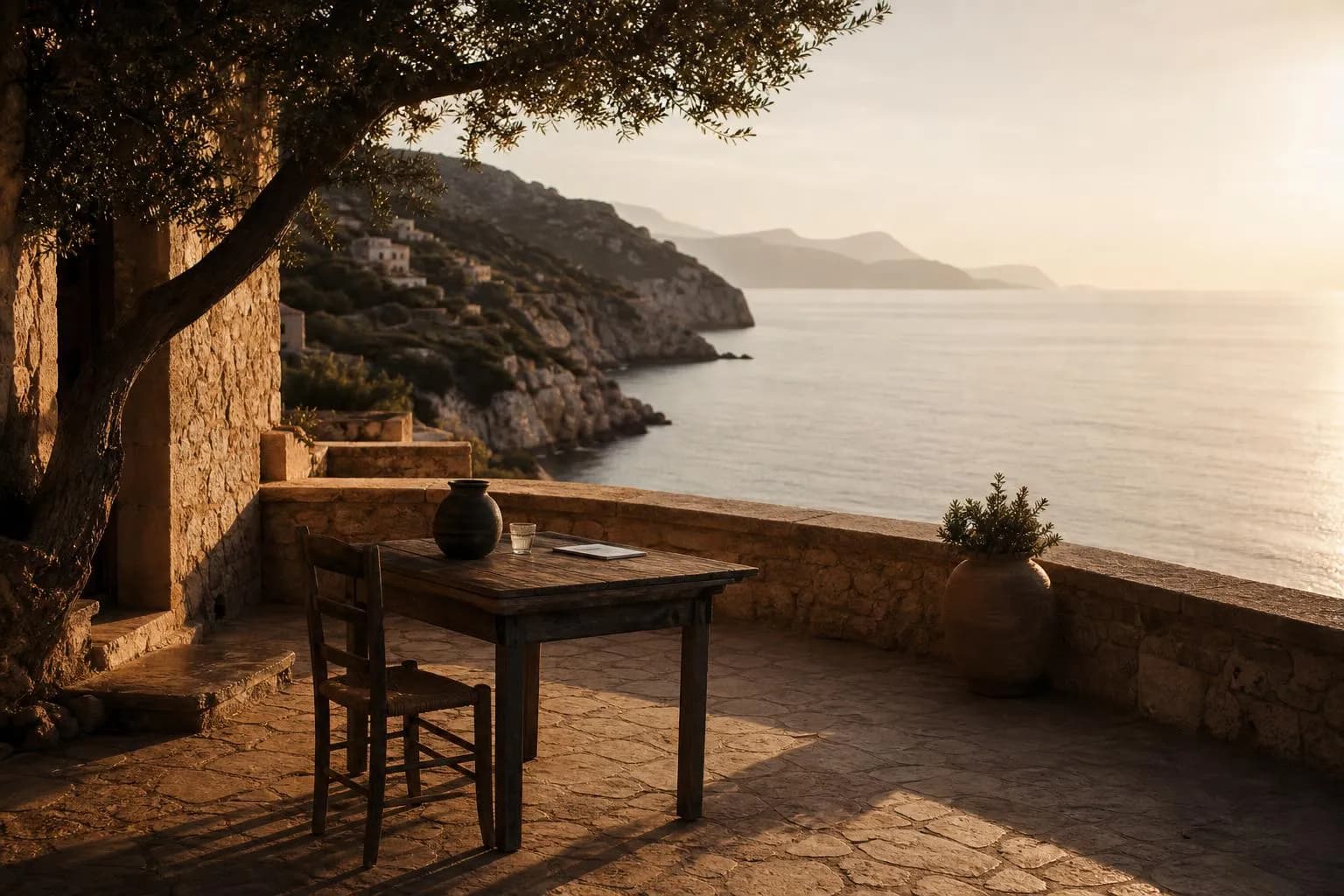 Weathered wooden table and chair on a stone terrace overlooking a calm Mediterranean sea at sunset
