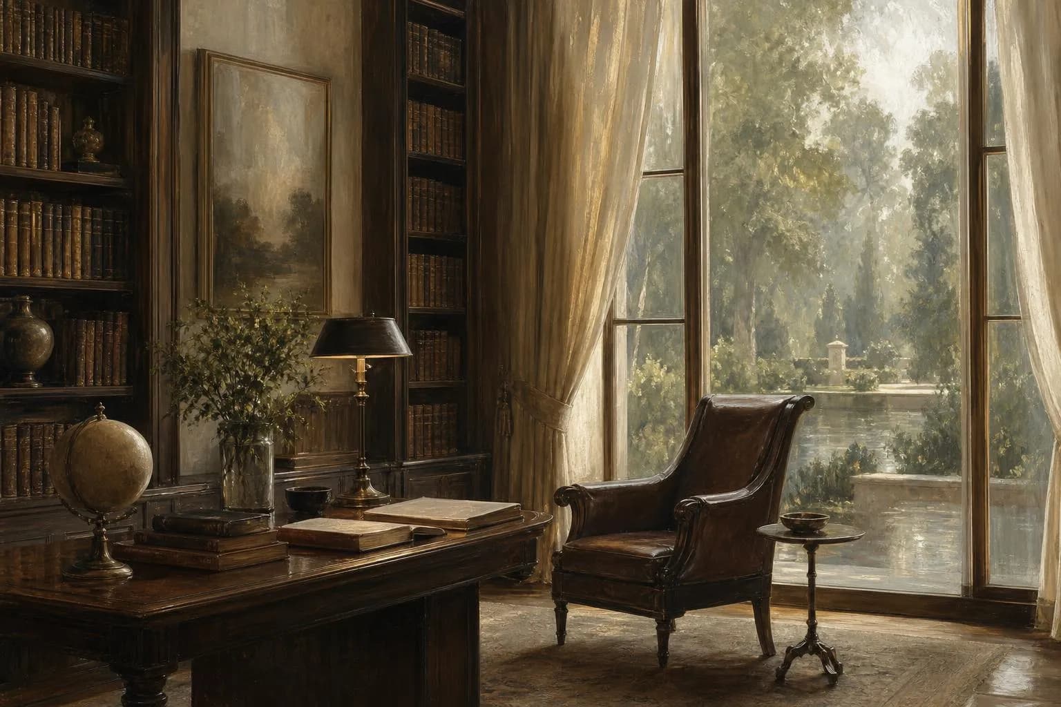 Quiet study interior with garden view, rendered in soft impressionistic tones, evoking thoughtful wealth management.