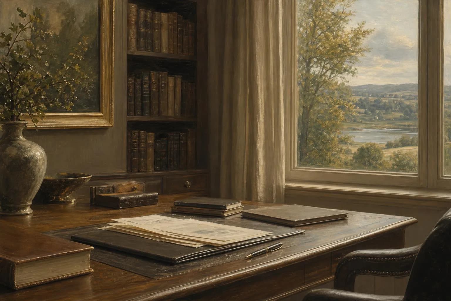 Impressionistic study interior with documents and pastoral view, muted tones and soft light