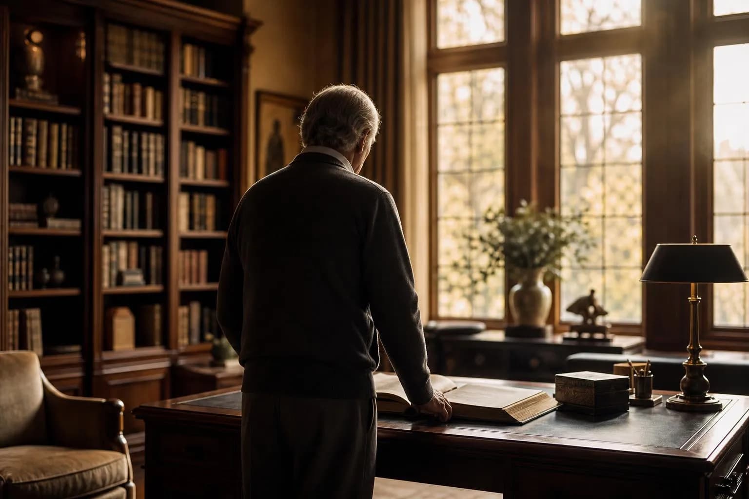 A solitary figure contemplates documents in a sunlit study, hands at rest on an open book.
