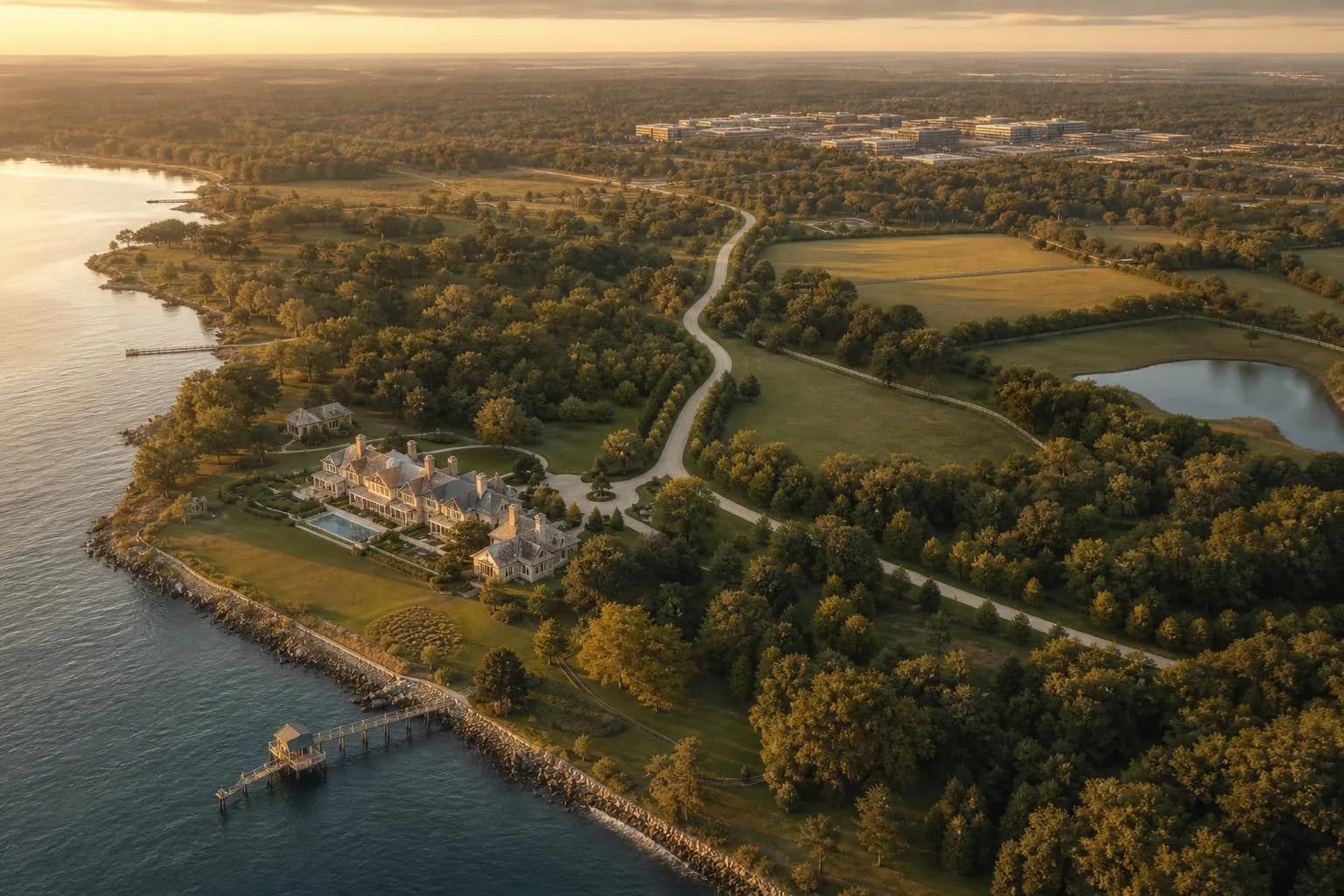 Aerial view of sprawling multi-property estate with coastal and inland holdings connected by private roads.