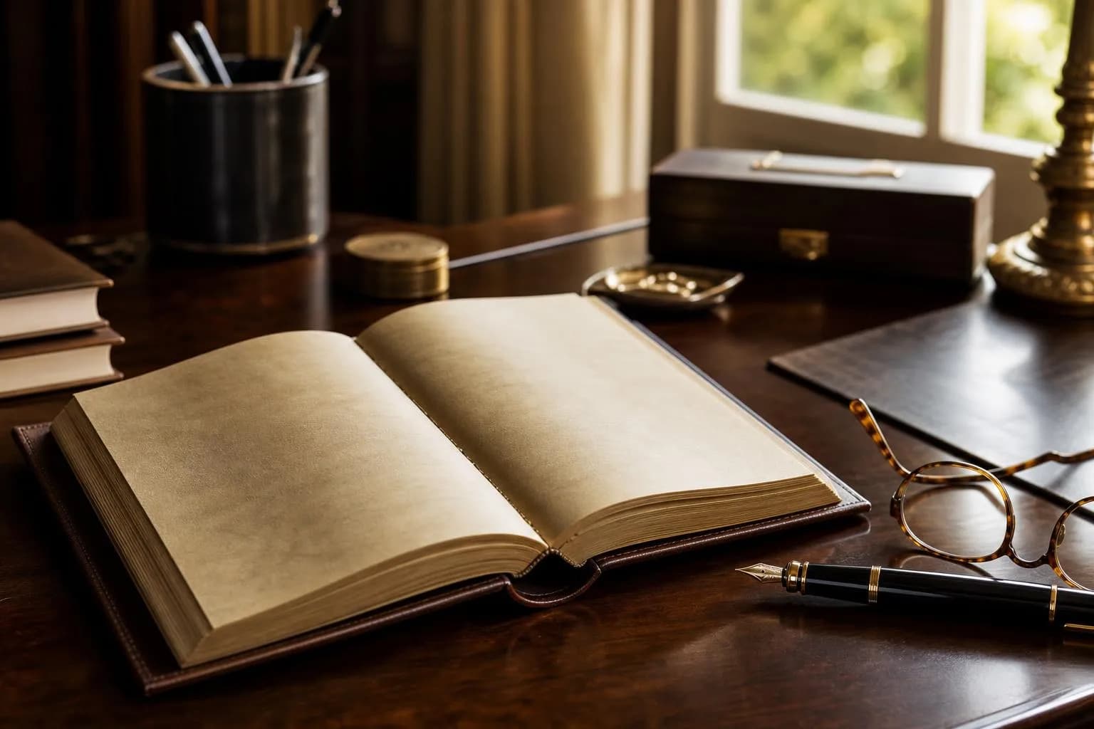 Open leather journal with fountain pen and reading glasses on mahogany desk, soft natural light