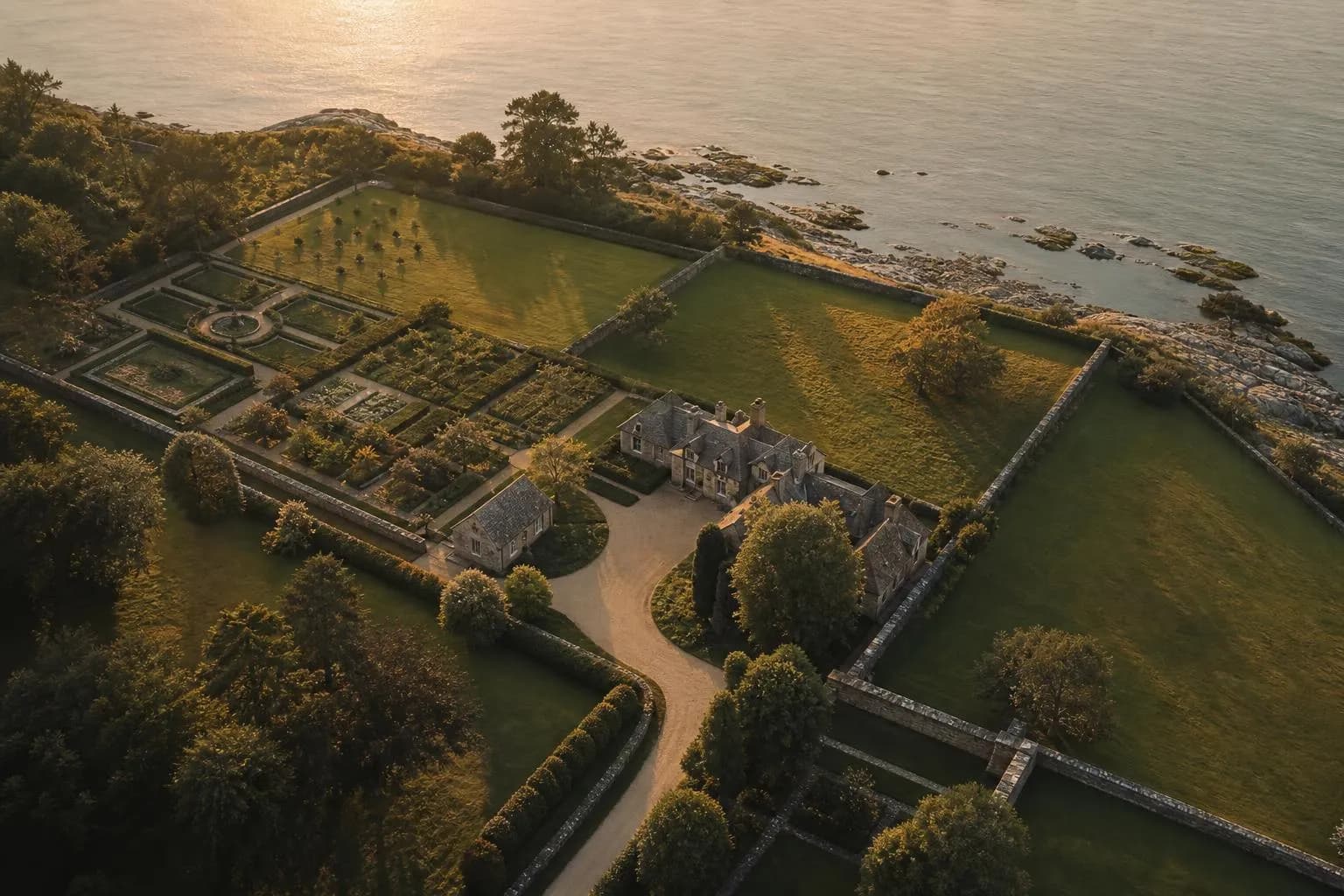 Aerial view of a manicured coastal estate with organized grounds, winding driveway, and distant water.
