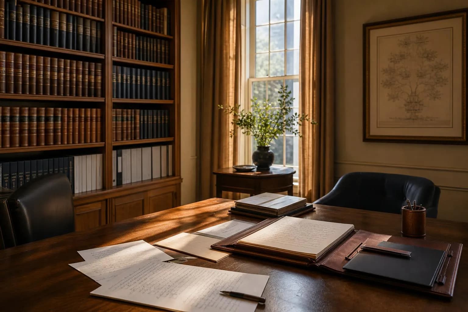 Quiet library interior with leather-bound books, handwritten notes, and an open portfolio on an oak desk.