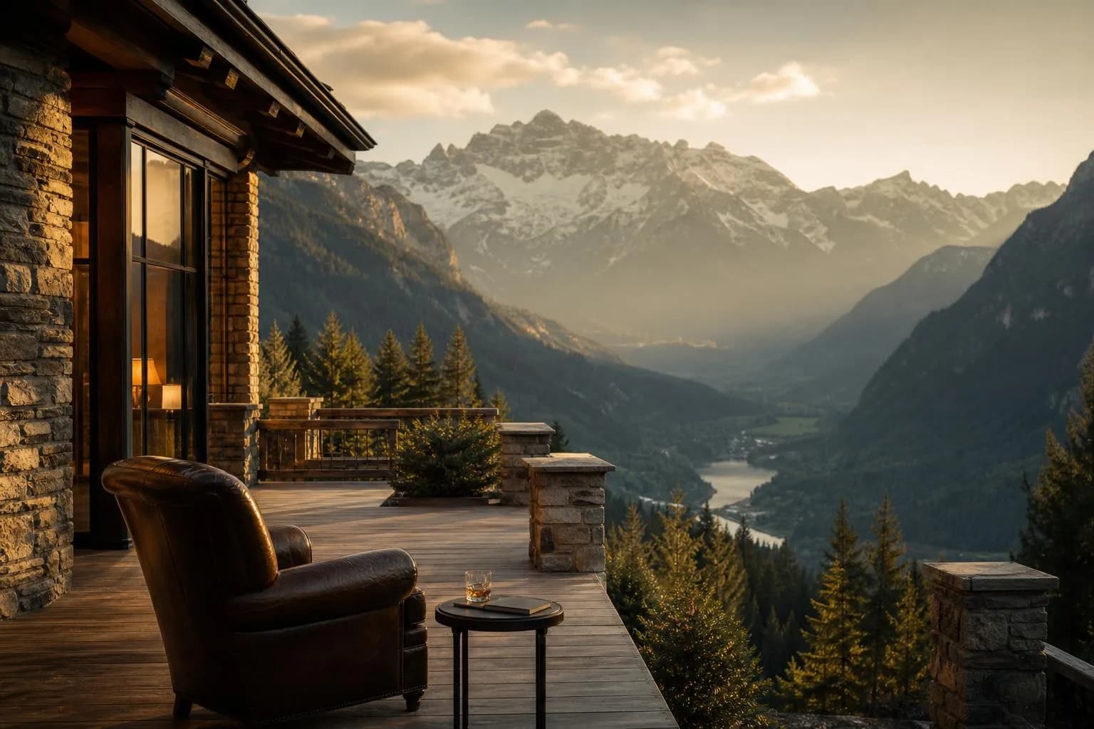 Mountain lodge at golden hour, leather chair on terrace overlooking valley.