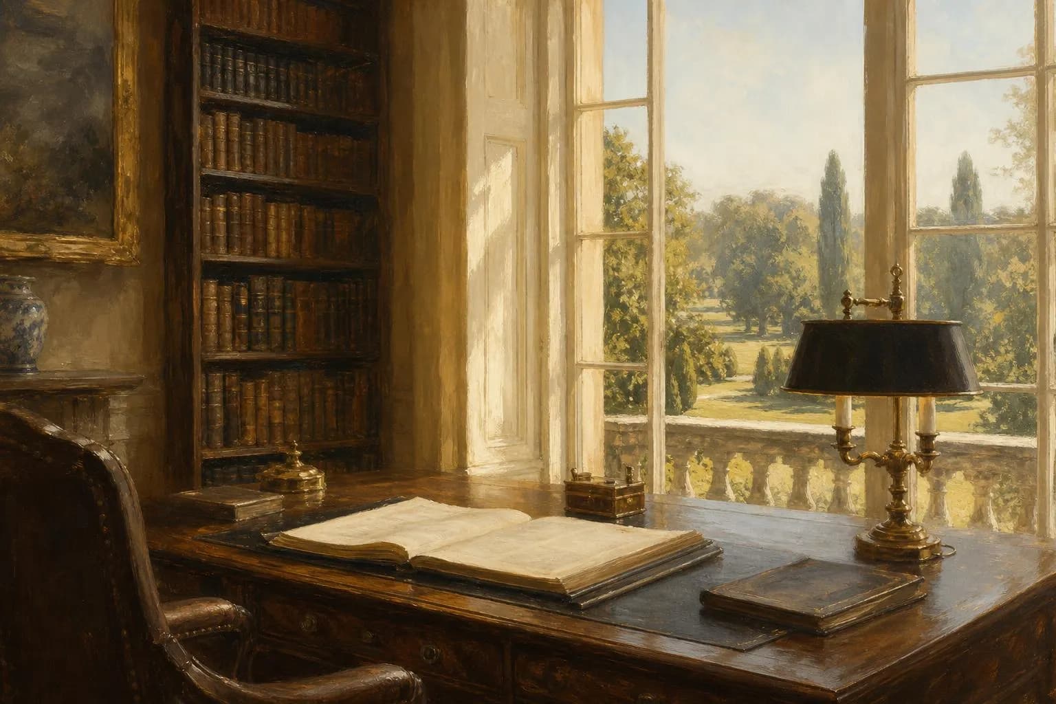 Quiet study with open documents and landscape view, rendered in soft impressionistic tones