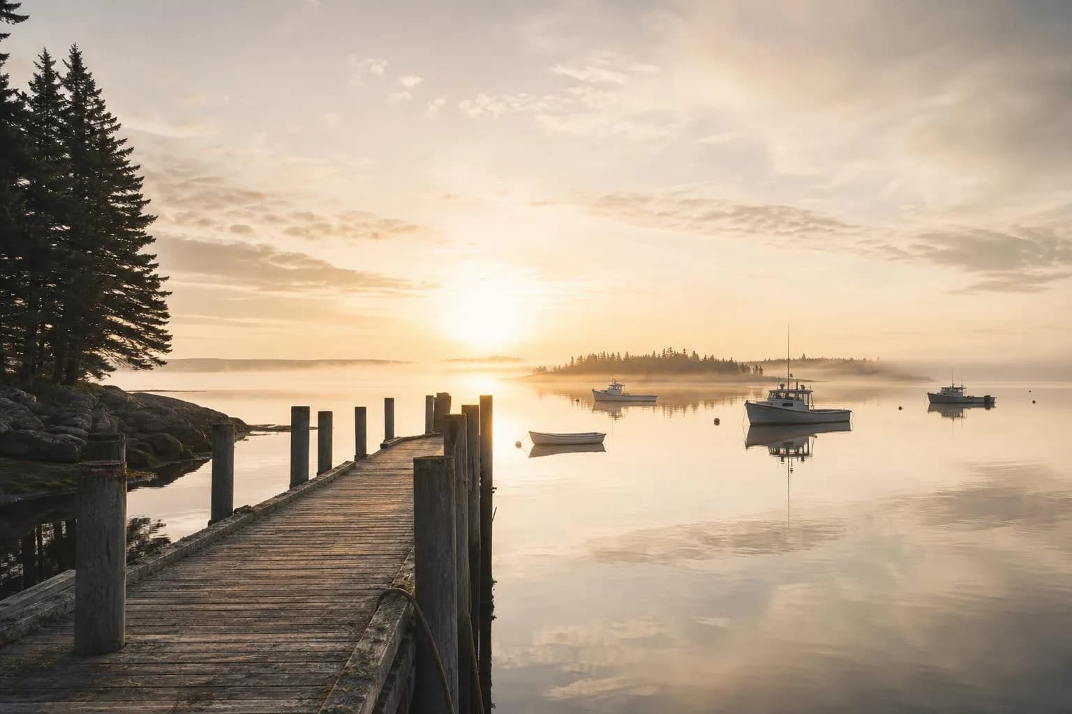 Calm harbor at dawn with boats at anchor, mist rising from still water