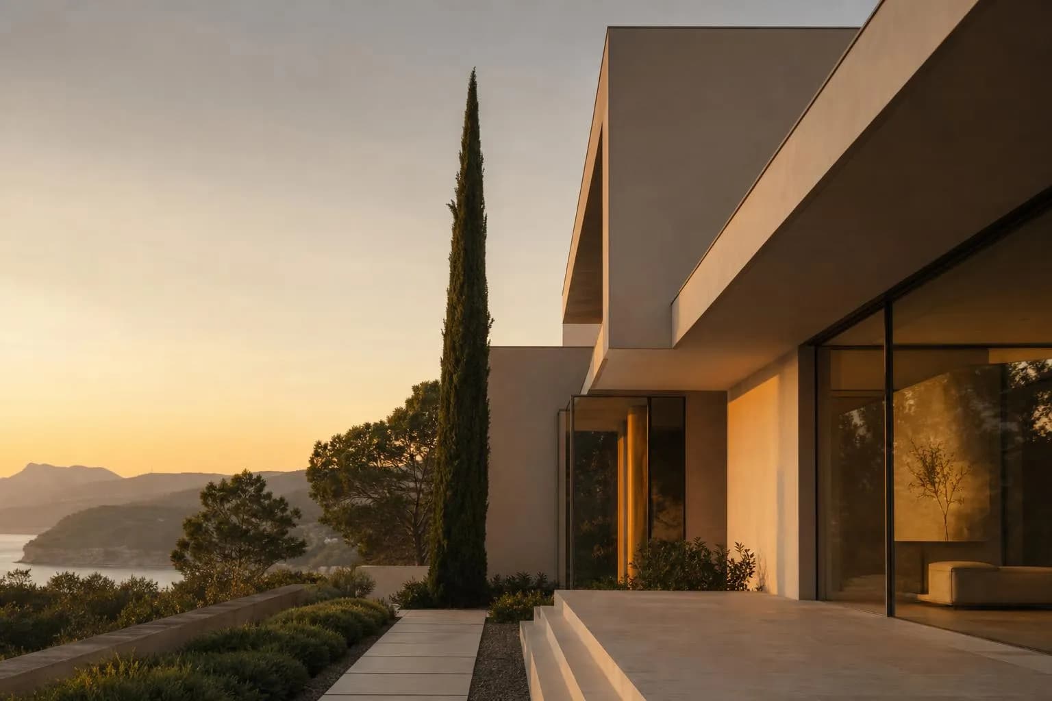 Modernist villa facade with clean geometry and large glass panels at golden hour