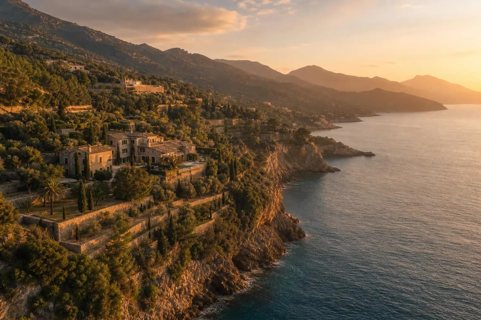 Mallorca hillside with Mediterranean estates and olive groves at sunset, golden light across terraced landscape