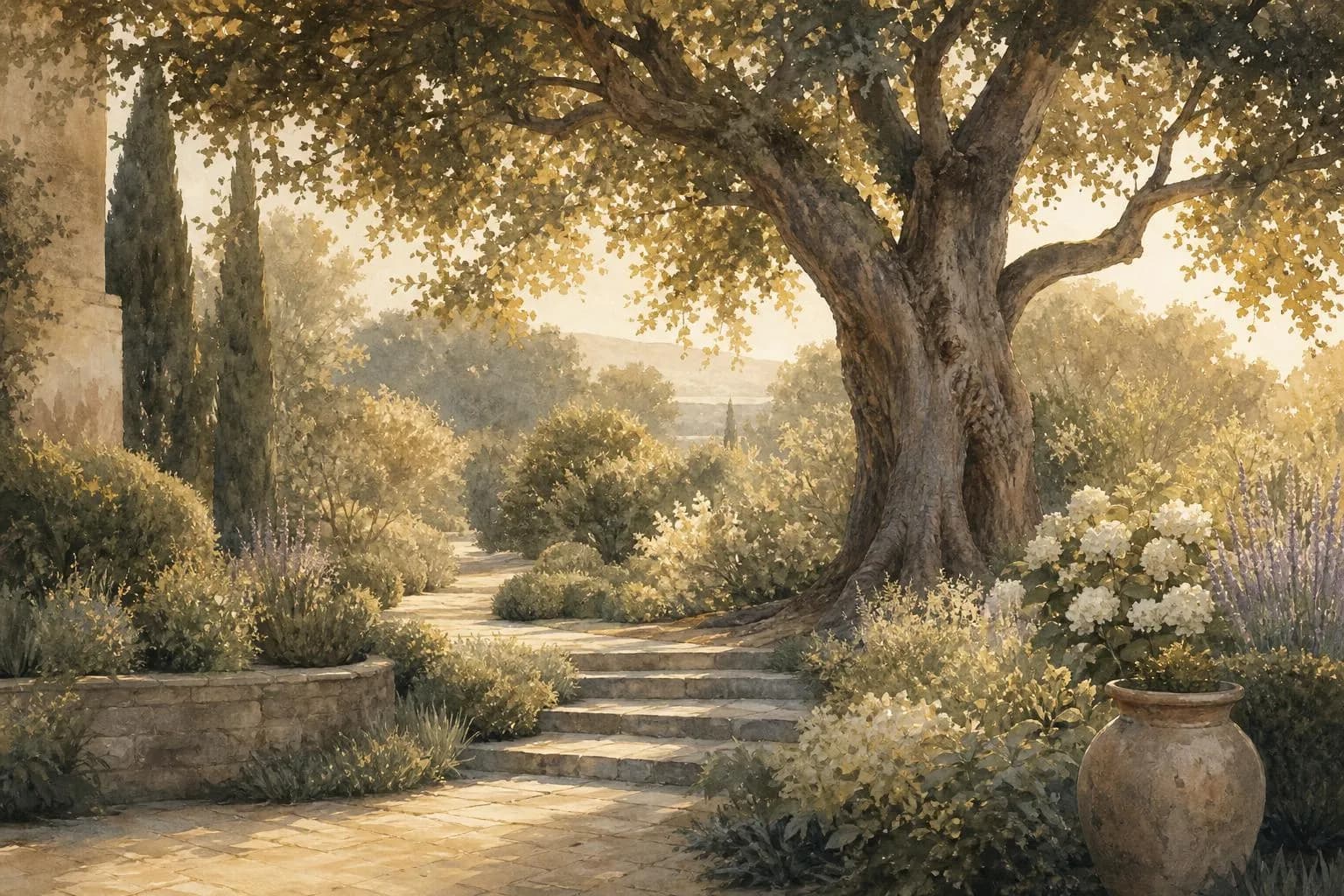 Impressionistic garden scene with a dominant tree surrounded by diverse plantings in muted tones and soft light.