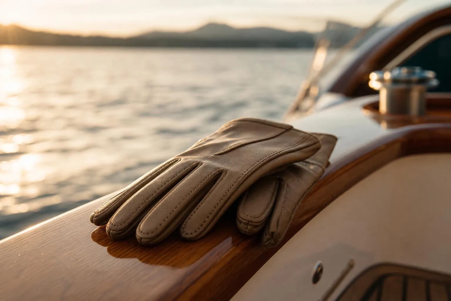Leather gloves on a yacht's teak rail, afternoon light, water in soft focus behind.