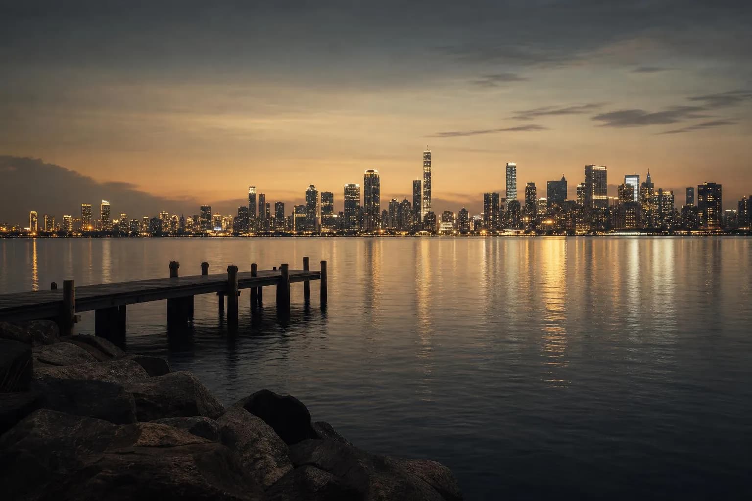 Distant city lights reflecting on calm water at dusk, viewed from a quiet shoreline.