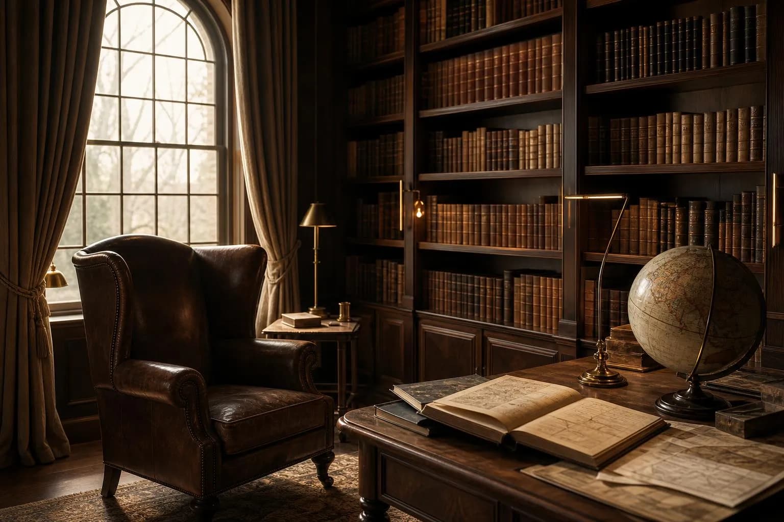 Warm library interior with leather chair, globe, and documents by a window