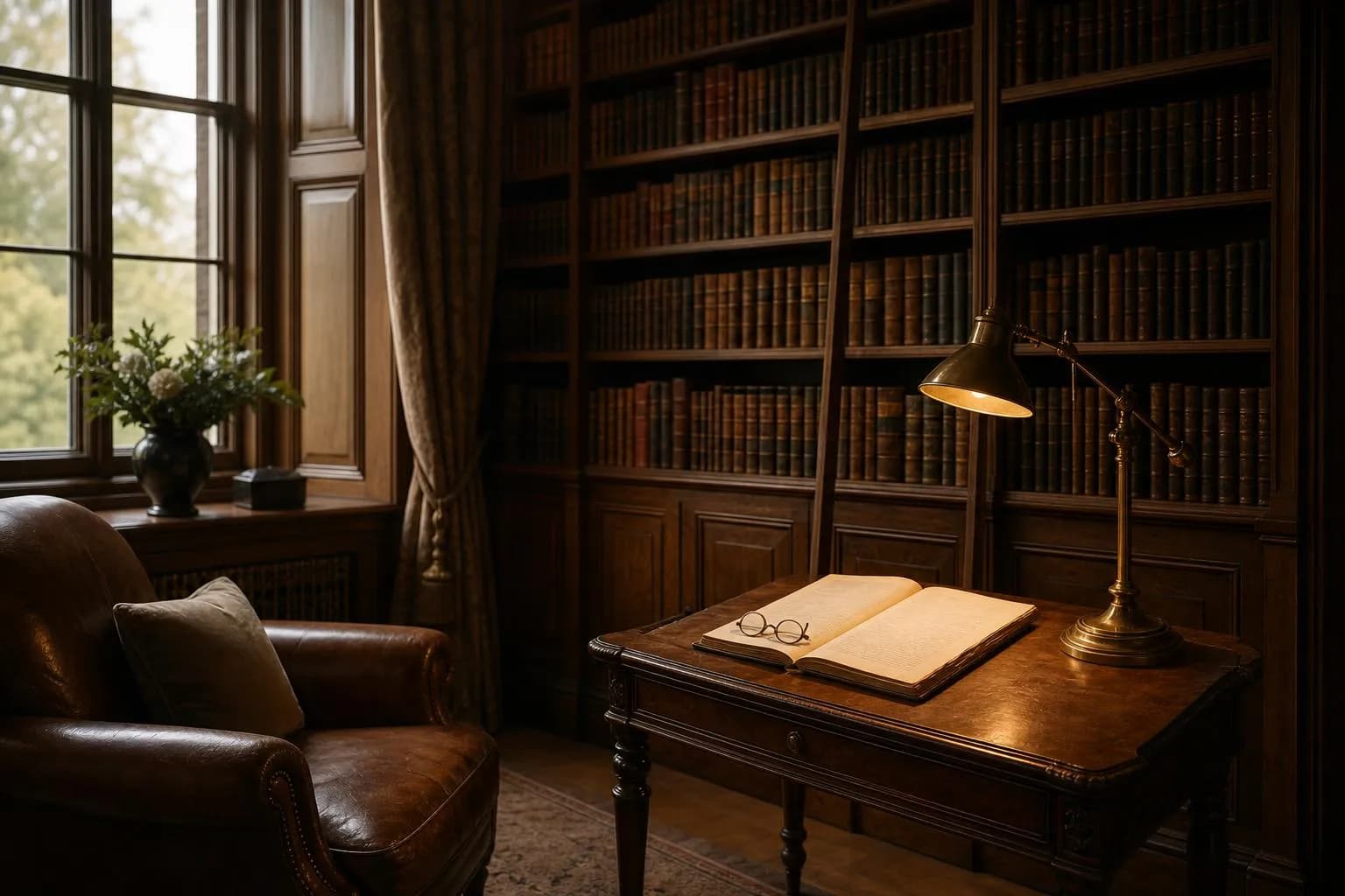 A quiet private library with leather-bound books, warm lighting, and an open document on a side table.