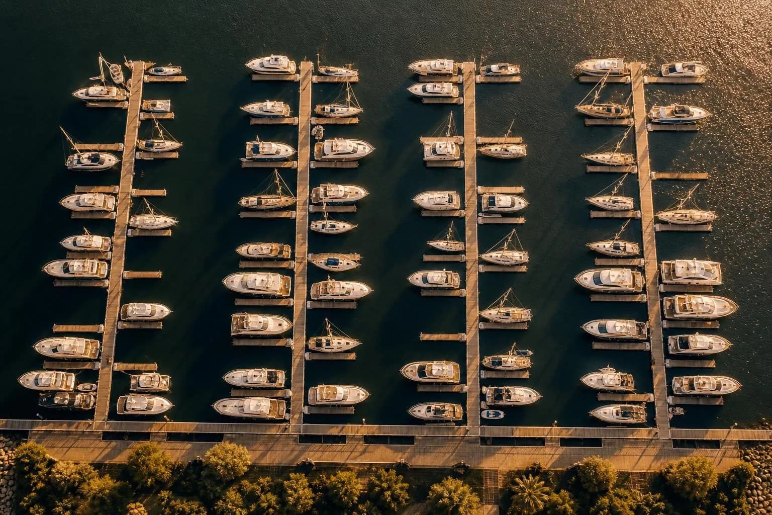 Overhead view of a marina with moored yachts arranged symmetrically at dusk