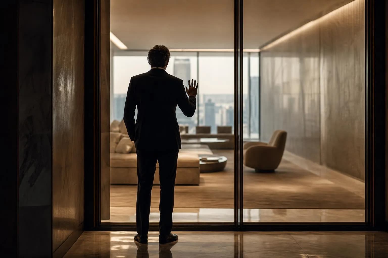 Silhouetted figure at glass threshold, hand raised, looking into inaccessible space