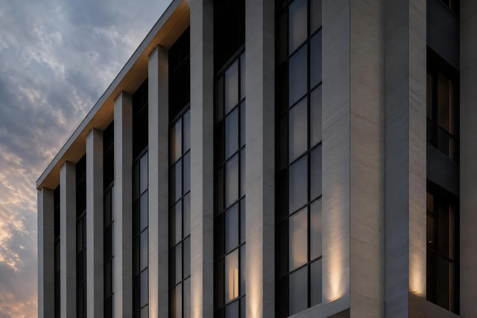 Modernist building facade with geometric windows and clean lines, afternoon light creating structured shadows