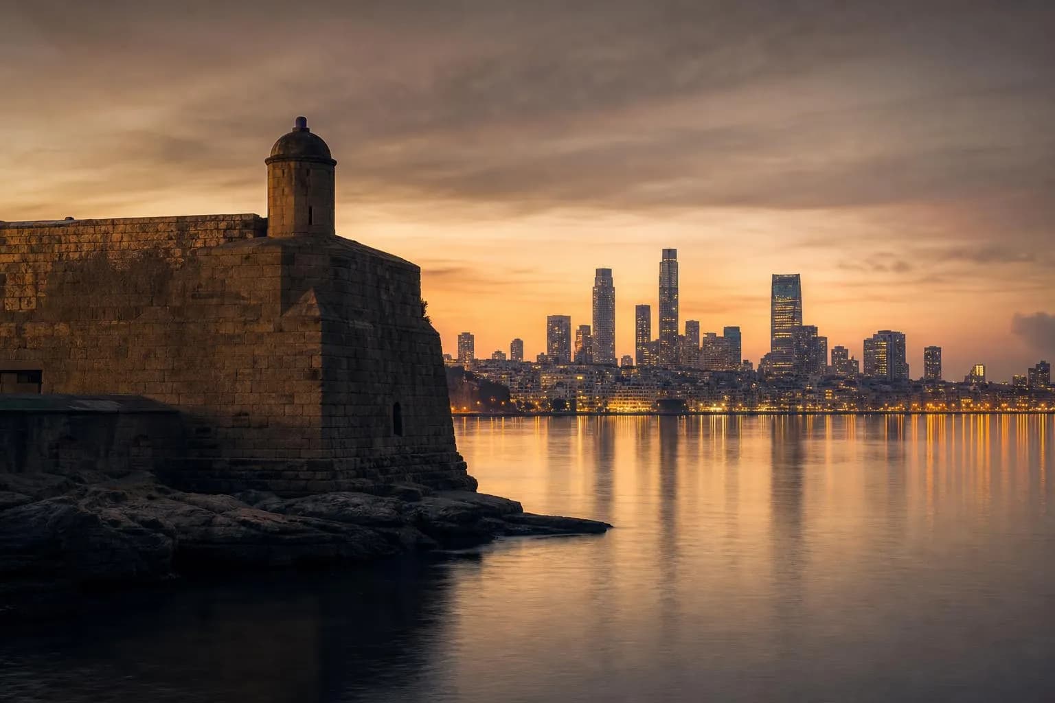 Ancient fortification in sharp detail at dusk, with a glowing distant skyline reflected in calm water beyond.