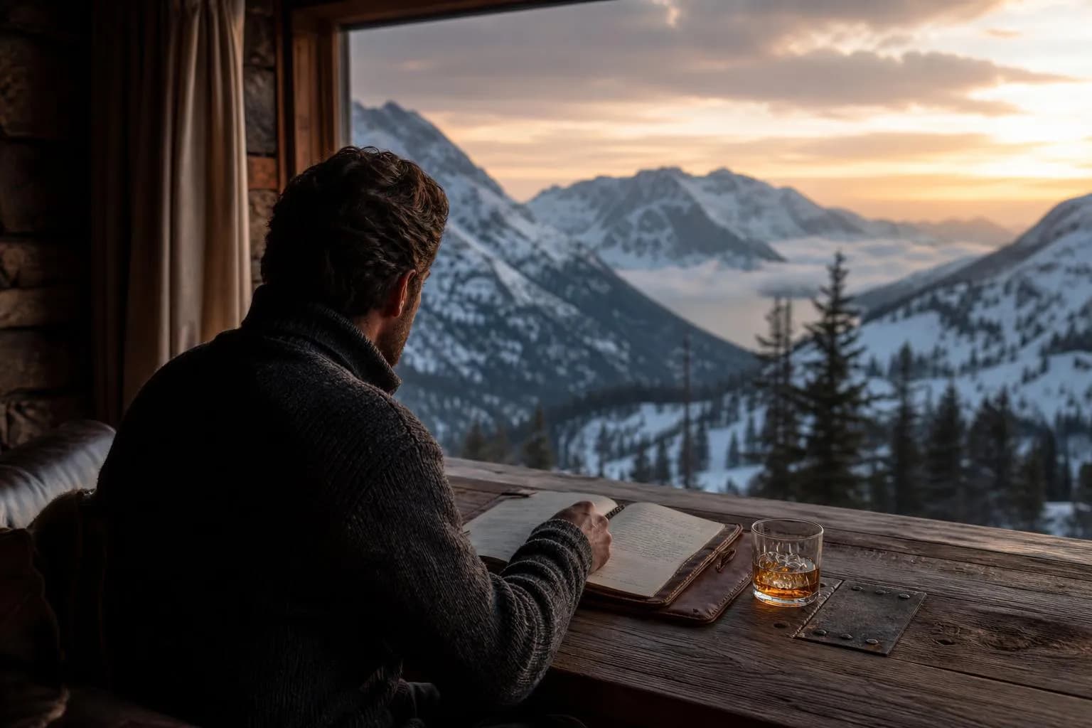 Figure in alpine lodge studying documents at dusk, mountains beyond