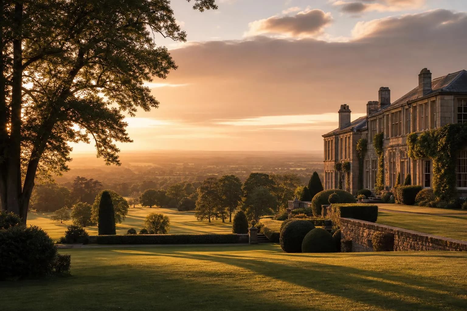 Rolling private estate grounds bathed in golden-hour light, emphasizing open, curated landscape.