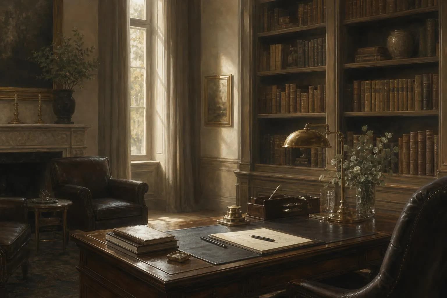 A serene study with leather books and afternoon light, rendered in muted tones—evoking thoughtful analysis and institutional wisdom.