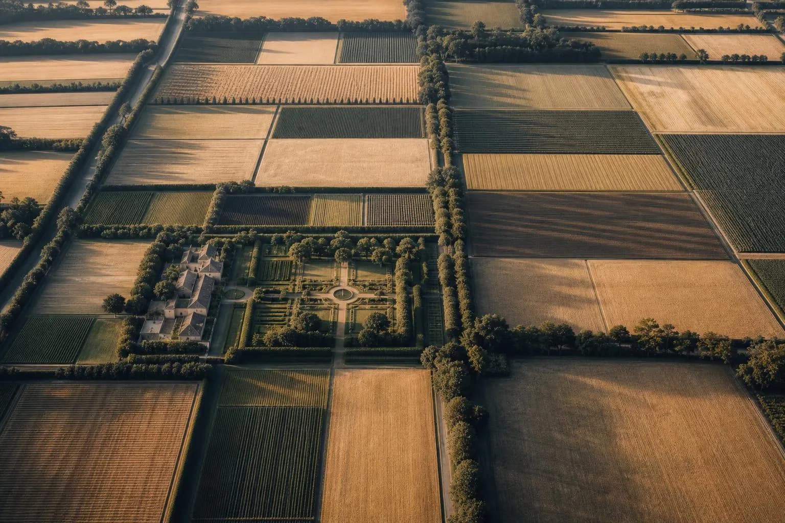 Aerial view of organized landscape divided into distinct geometric sections, suggesting hierarchical classification and order from above.