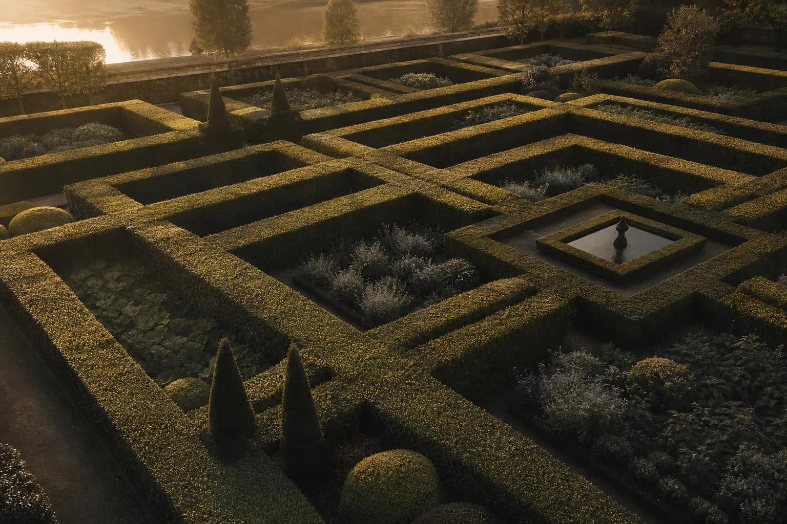 Overhead view of geometric hedge garden at dawn, dew on leaves, ordered rows of green foliage