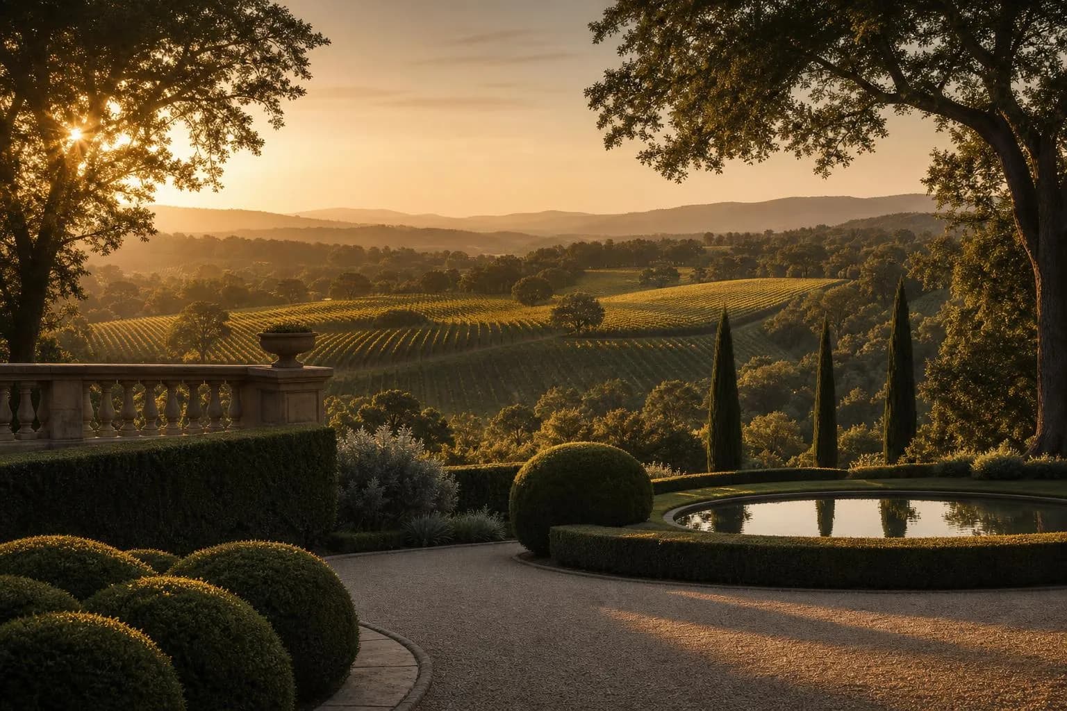 Rolling estate grounds at sunset with ordered vineyard rows suggesting mathematical structure and balance